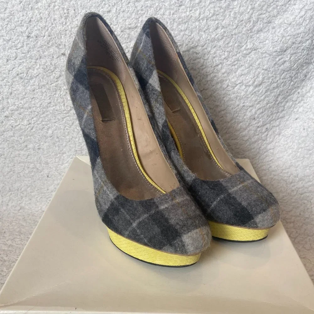 RACHEL Rachel Roy Plaid Platform Heels - Gray and Yellow - Picture 4 of 5